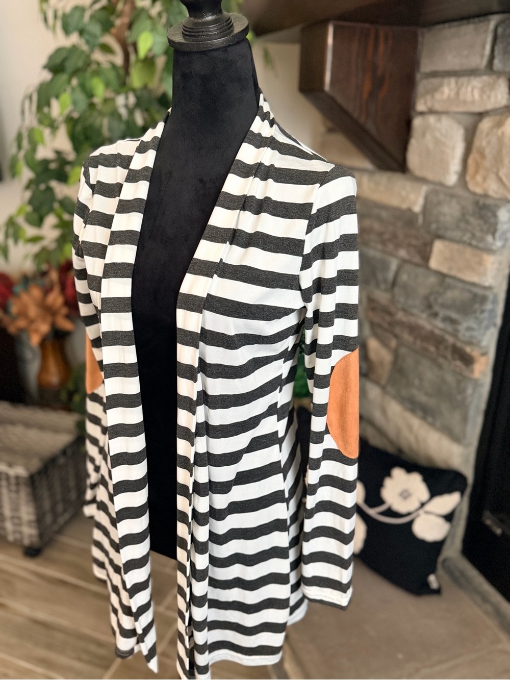Myobe Dark Grey and White Striped Open Cardigan with Tan Elbow Patches